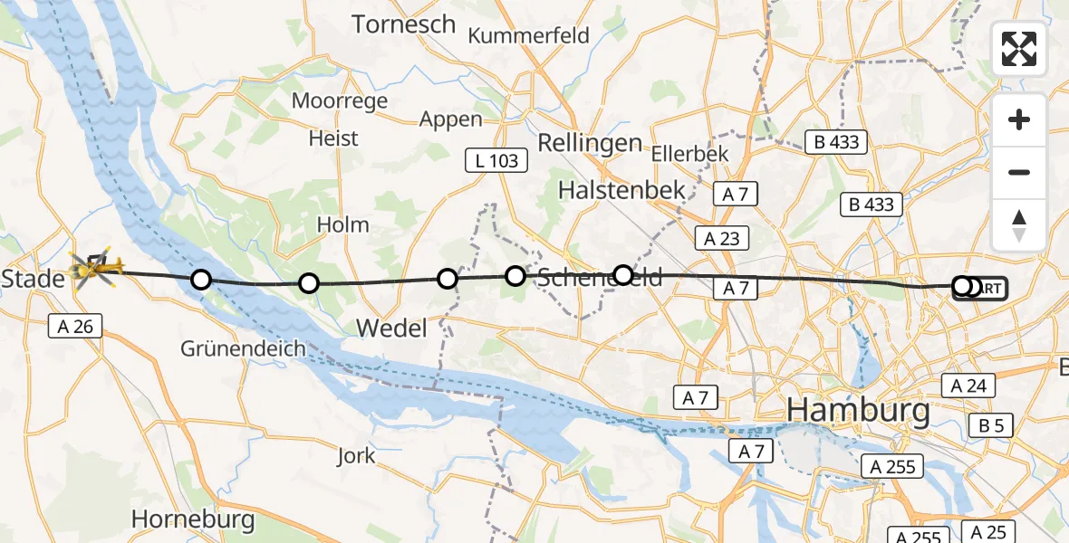 Flugroute Rettungshubschrauber Hamburg Military Hospital - Hollern-Twielenfleth, 10 August 2026, 15:49