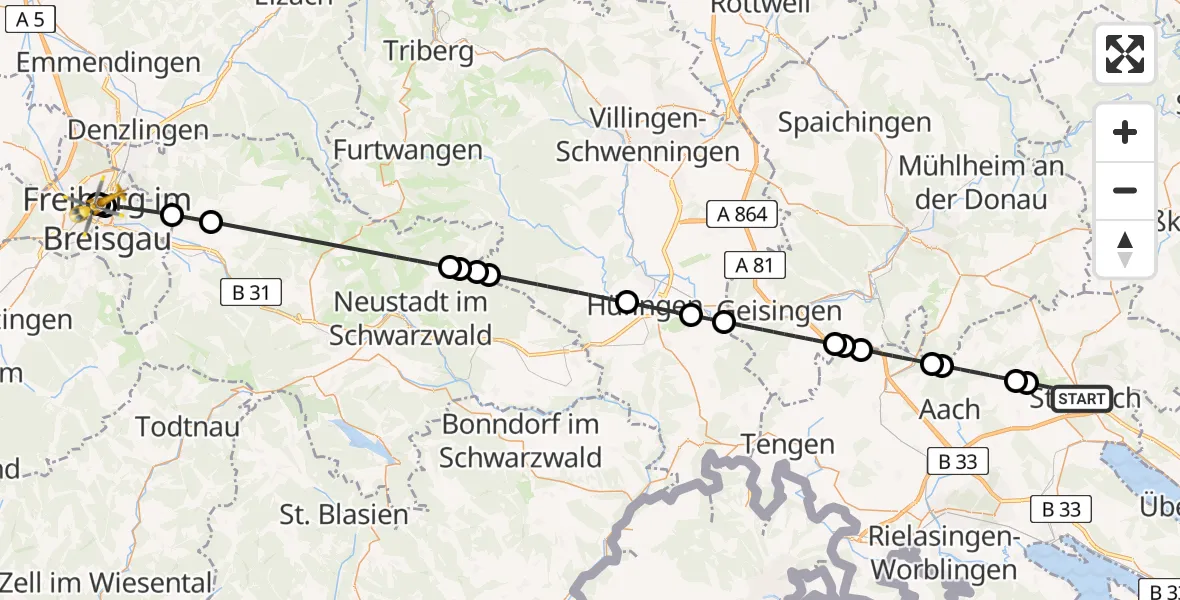 Flugroute Ambulanzhubschrauber Stockach - Freiburg University Hospital Heliport 1, 10 August 2026, 15:49