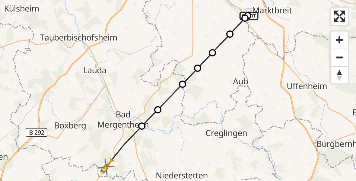 Flugroute Rettungshubschrauber Ochsenfurt Hospital - Bad Mergentheim, 10 August 2026, 15:53