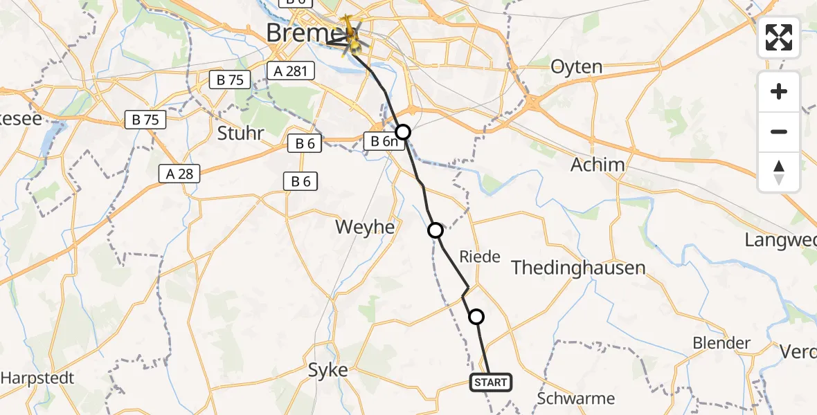 Flugroute Rettungshubschrauber Emtinghausen - Bremen, 10 August 2026, 15:54