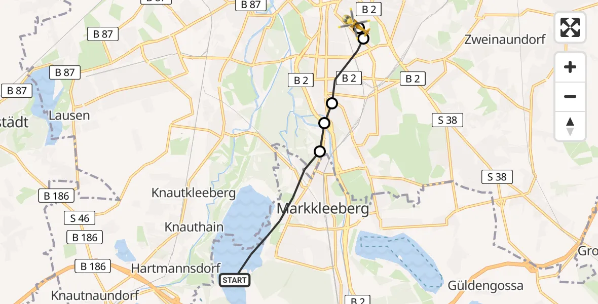 Flugroute Rettungshubschrauber Markkleeberg - Leipzig University Hospital Heliport 1, 10 August 2026, 15:57