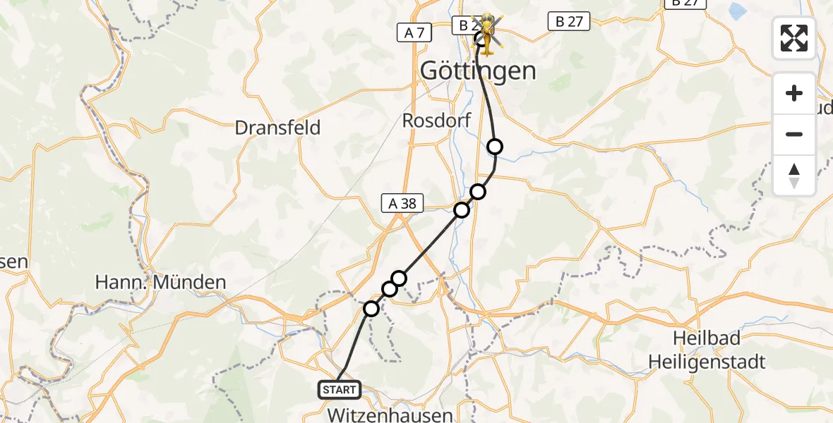 Flugroute Rettungshubschrauber Witzenhausen - Göttingen University Clinic Hubschrauberlandeplatz, 10 August 2026, 15:59