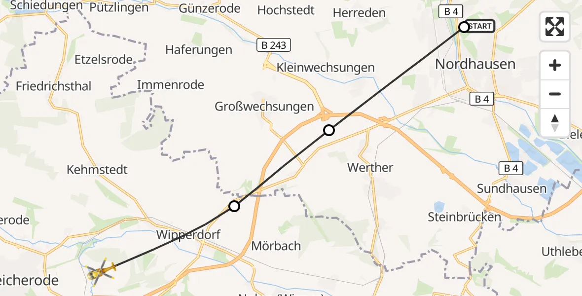 Flugroute Rettungshubschrauber Südharz Hospital Nordhausen - Bleicherode, 10 August 2026, 16:01