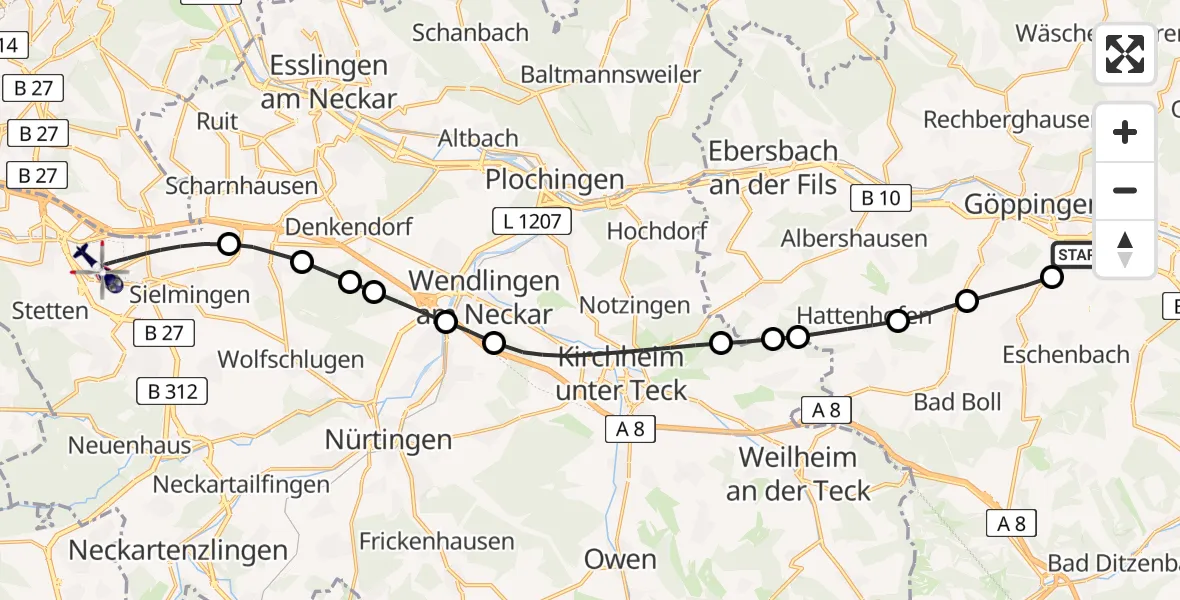 Flugroute Polizeihubschrauber Göppingen - Flughafen Stuttgart, 10 August 2026, 16:02