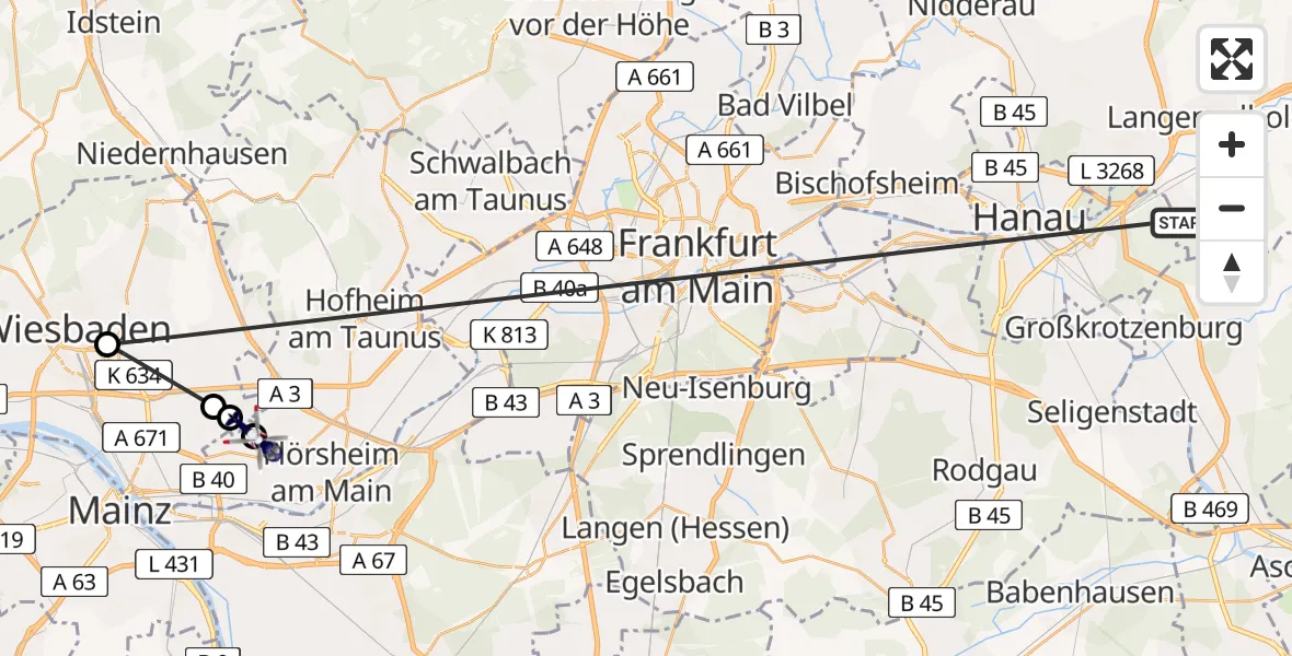 Flugroute Polizeihubschrauber Rodenbach - Hochheim am Main, 10 August 2026, 16:03