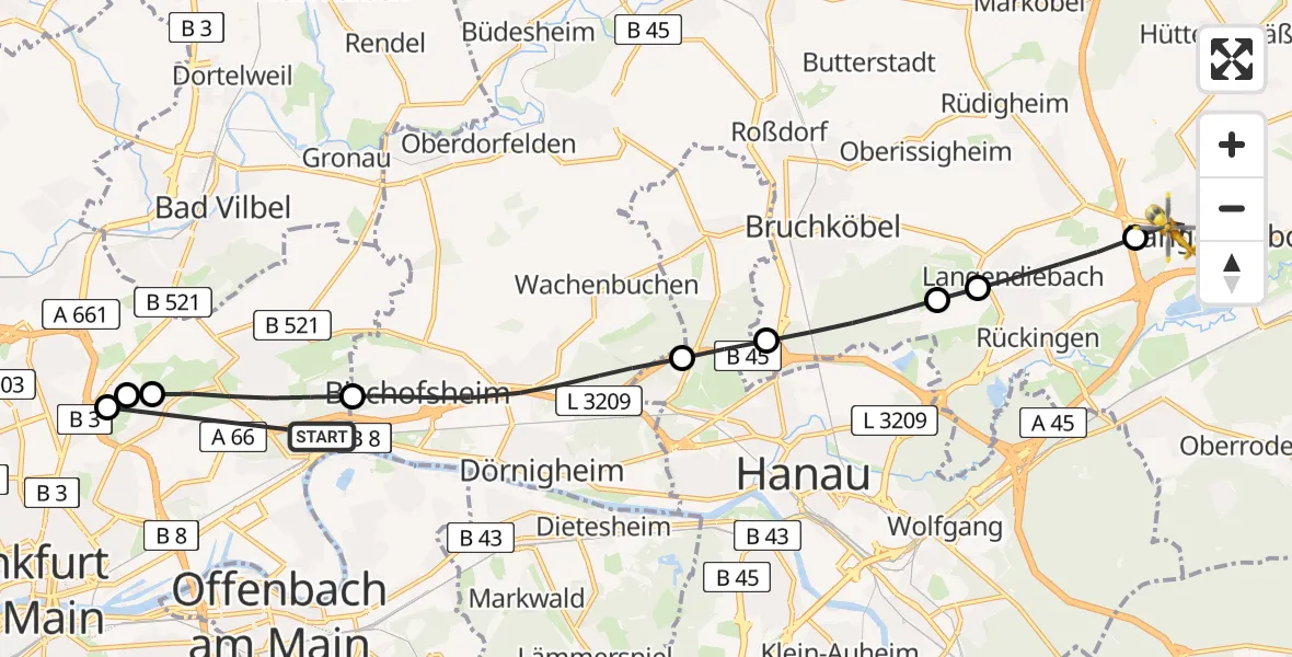 Flugroute Rettungshubschrauber Frankfurt am Main - Langenselbold, 10 August 2026, 16:05