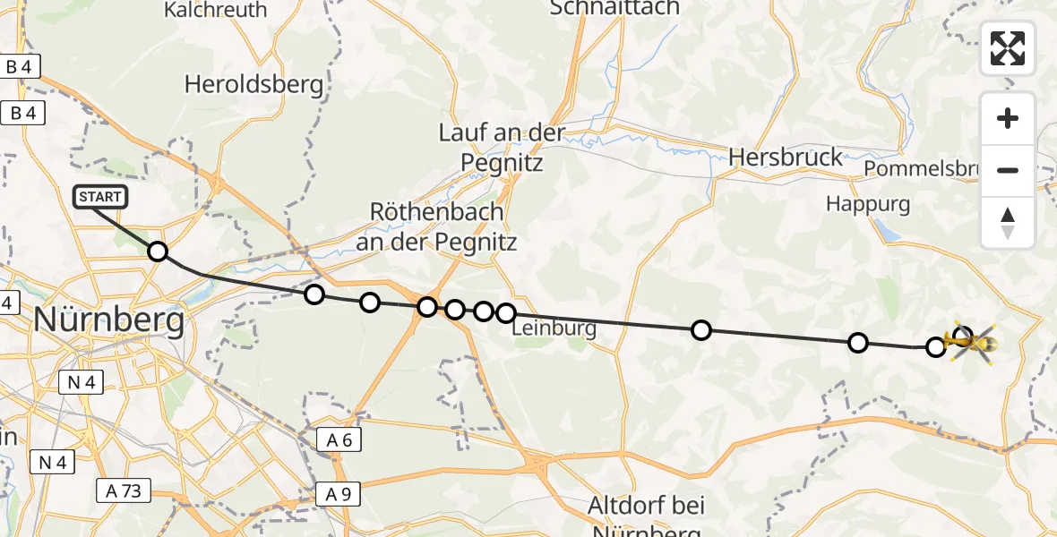 Flugroute Ambulanzhubschrauber Flughafen Nuremberg - Happurg, 10 August 2026, 16:07