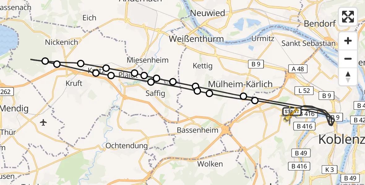Flugroute Rettungshubschrauber Koblenz - Koblenz, 10 August 2026, 16:09