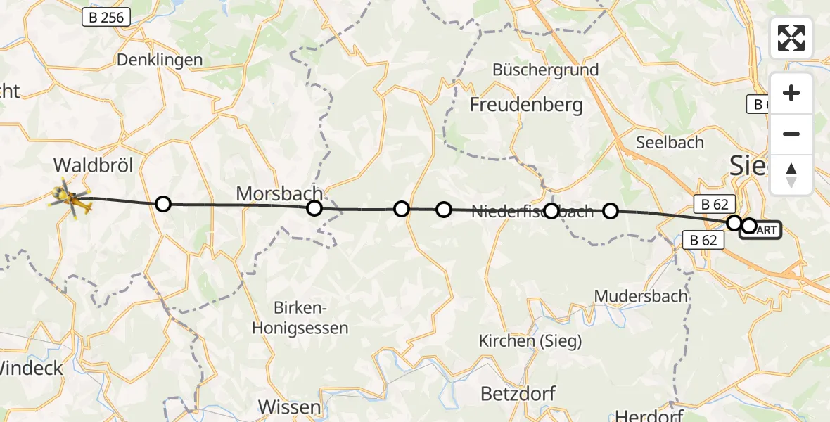 Flugroute Rettungshubschrauber Evangelisches Jung-Stilling Hospital - Waldbröl, 10 August 2026, 16:15