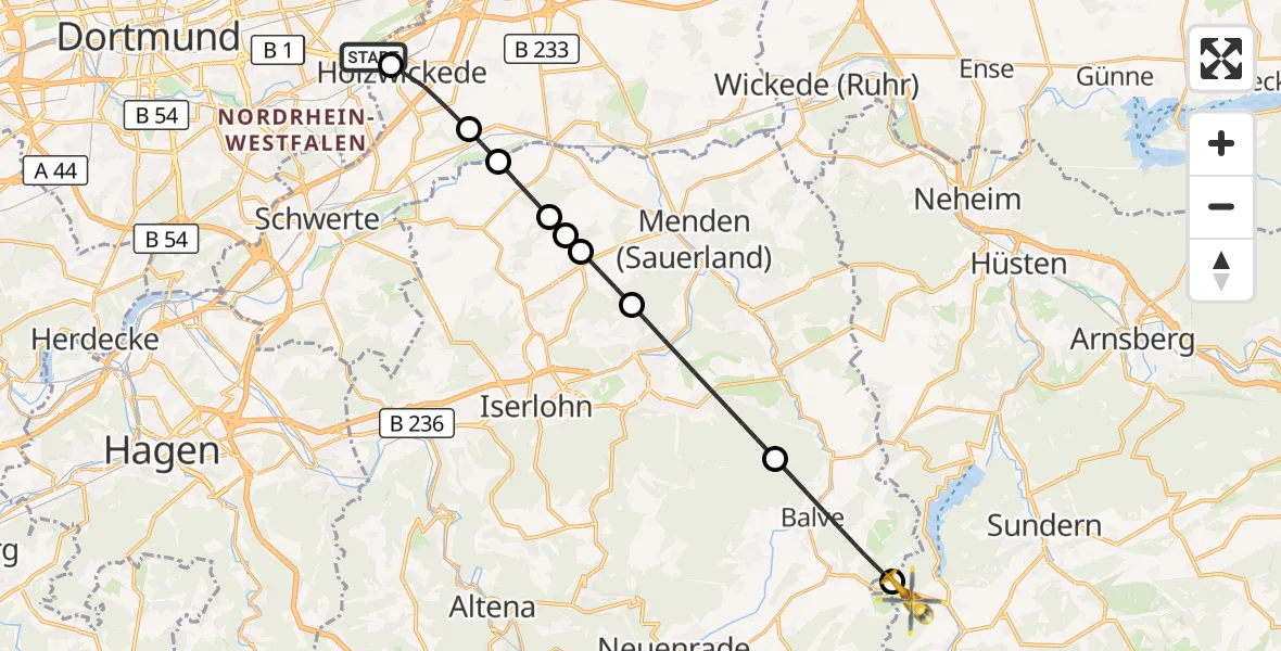 Flugroute Rettungshubschrauber Dortmund Flughafen - Sundern (Sauerland), 10 August 2026, 16:20