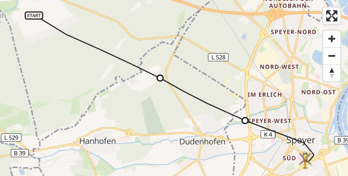 Flugroute Rettungshubschrauber Böhl-Iggelheim - Speyer, 10 August 2026, 16:20