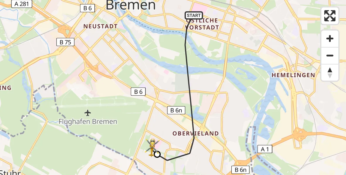 Flugroute Rettungshubschrauber Bremen - ADAC Air Rescue Station Bremen Hubschrauberlandeplatz (Christoph 6), 10 August 2026, 16:22
