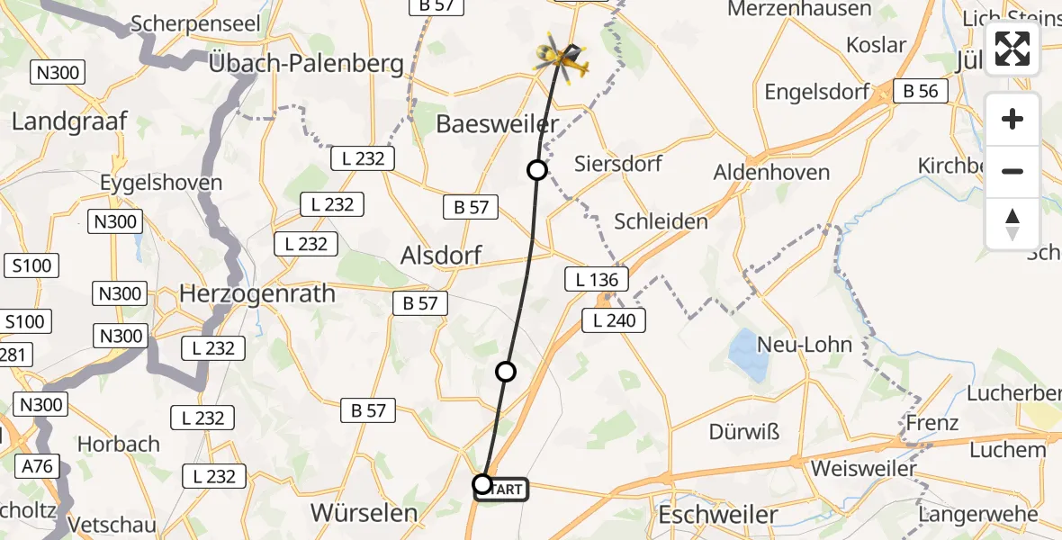 Flugroute Rettungshubschrauber Aachen-Merzbrück Flughafen - Baesweiler, 10 August 2026, 16:24