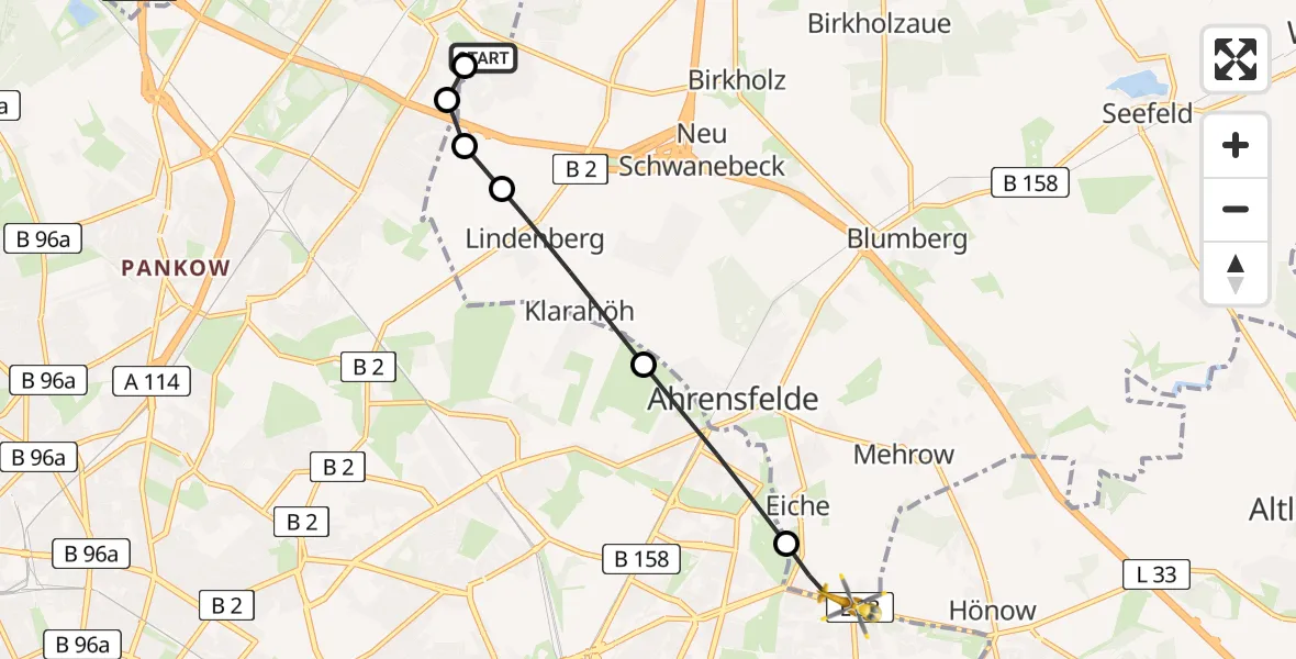 Flugroute Rettungshubschrauber Helios Clinic Berlin-Buch - Ahrensfelde, 10 August 2026, 16:25