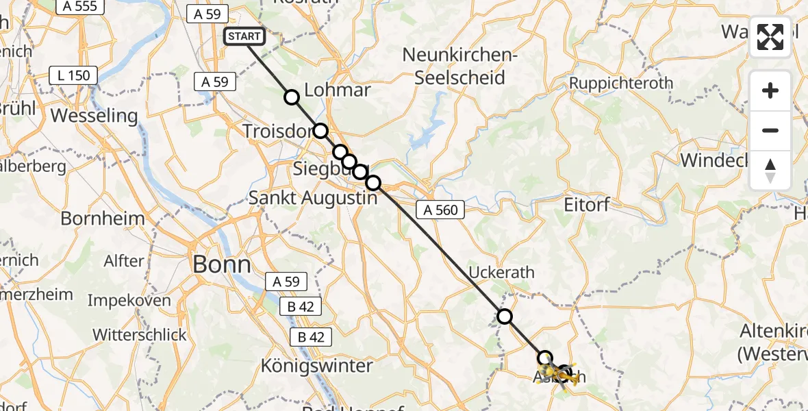 Flugroute Ambulanzhubschrauber Köln Bonn Flughafen - DRK Kamillus Hospital Asbach, 10 August 2026, 16:24