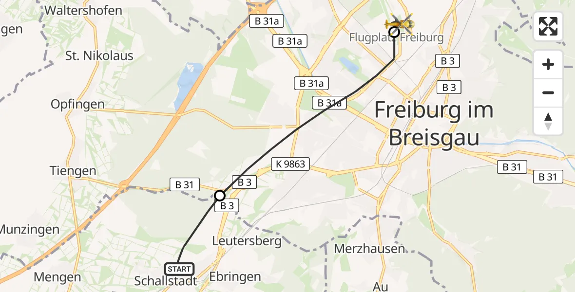 Flugroute Ambulanzhubschrauber Schallstadt - Freiburg im Breisgau Flugplatz, 10 August 2026, 16:25