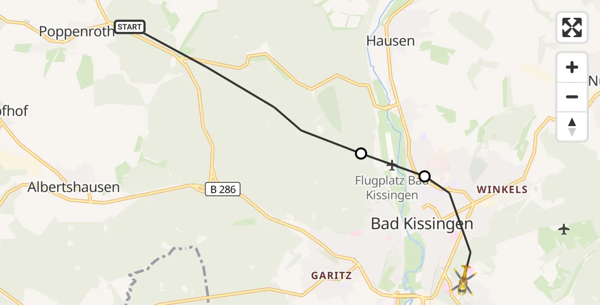 Flugroute Rettungshubschrauber Bad Kissingen - Helios Sankt Elisabeth Hospital Bad Kissingen Hubschrauberlandeplatz, 10 August 2026, 16:25