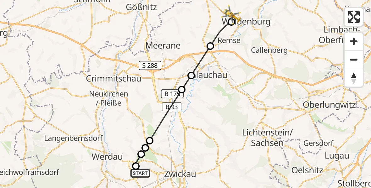 Flugroute Rettungshubschrauber ADAC Air Rescue Station Zwickau Hubschrauberlandeplatz - Waldenburg, 10 August 2026, 16:30