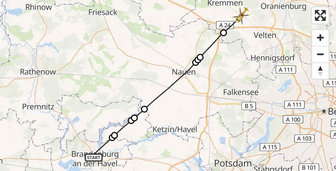 Flugroute Rettungshubschrauber Brandenburg an der Havel - Oberkrämer, 10 August 2026, 16:31