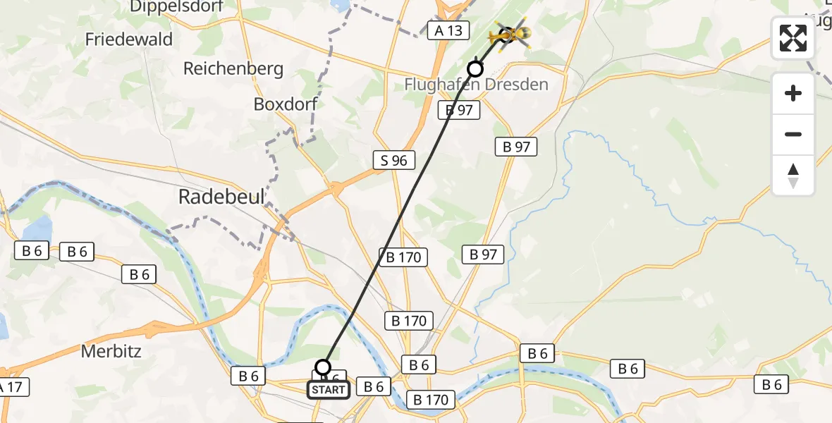 Flugroute Rettungshubschrauber Dresden Friedrichstadt Hospital - Dresden Bundespolizei Hubschrauberlandeplatz, 10 August 2026, 16:32