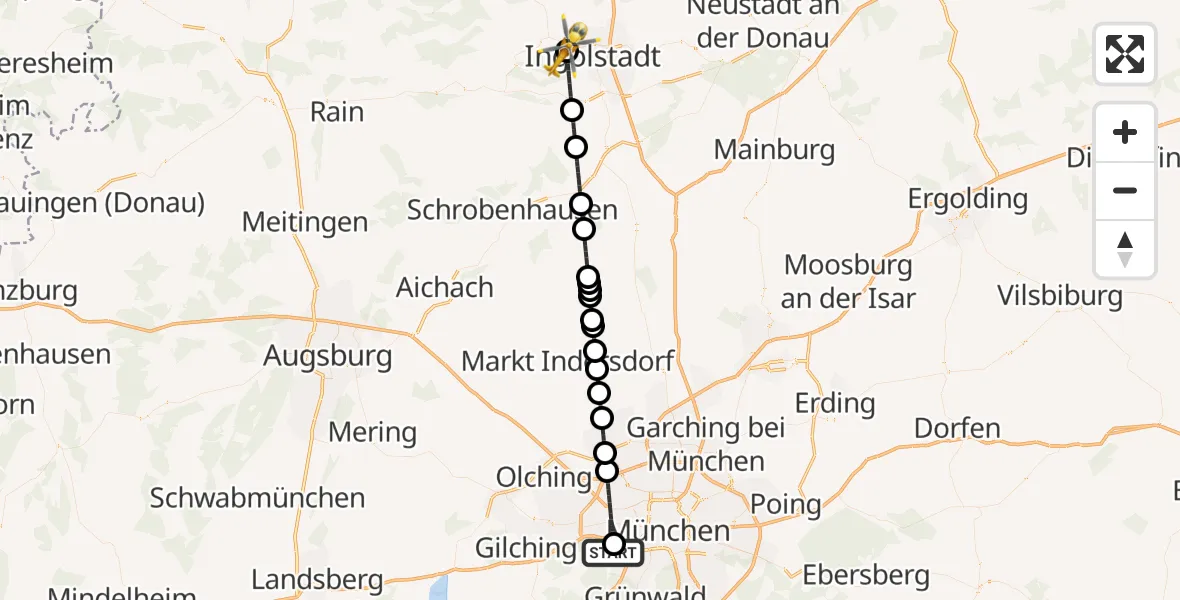 Flugroute Rettungshubschrauber DRF Air Rescue München Hubschrauberlandeplatz - Ingolstadt Hospital, 10 August 2026, 16:39