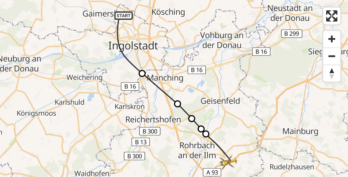 Flugroute Rettungshubschrauber Ingolstadt - Wolnzach, 10 August 2026, 16:40