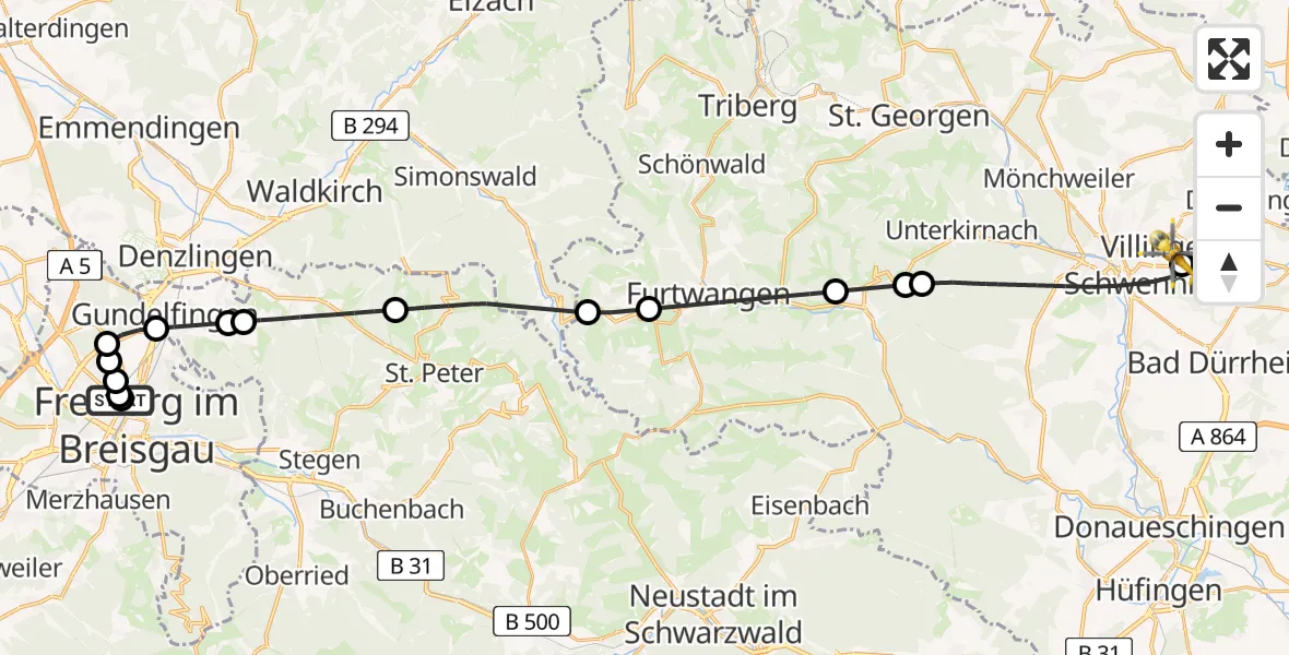 Flugroute Ambulanzhubschrauber Freiburg University Hospital Heliport 1 - DRF Air Rescue Station Villingen-Schwenningen Hubschrauberlandeplatz (Christoph 11), 10 August 2026, 16:40