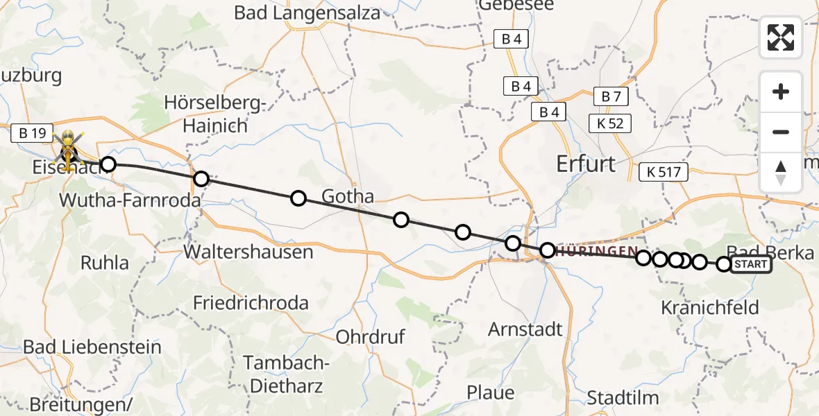 Flugroute Ambulanzhubschrauber Bad Berka - Sankt Georg Hospital Eisenach, 10 August 2026, 16:41