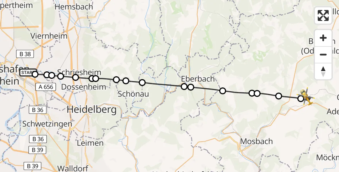 Flugroute Rettungshubschrauber Mannheim-City Flughafen - Schefflenz, 10 August 2026, 16:43