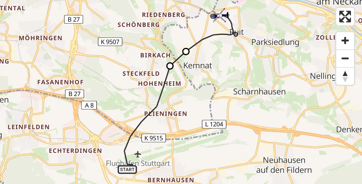 Flugroute Polizeihubschrauber Flughafen Stuttgart - Ostfildern, 10 August 2026, 16:44