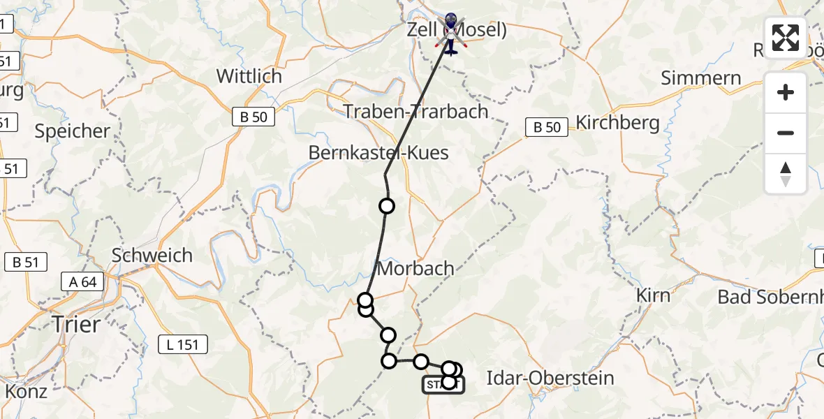 Flugroute Polizeihubschrauber Hattgenstein - Zell (Mosel), 10 August 2026, 16:46