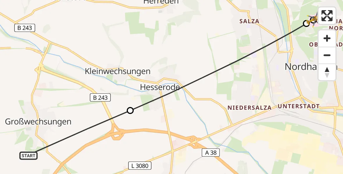 Flugroute Rettungshubschrauber Werther - Südharz Hospital Nordhausen, 10 August 2026, 16:47
