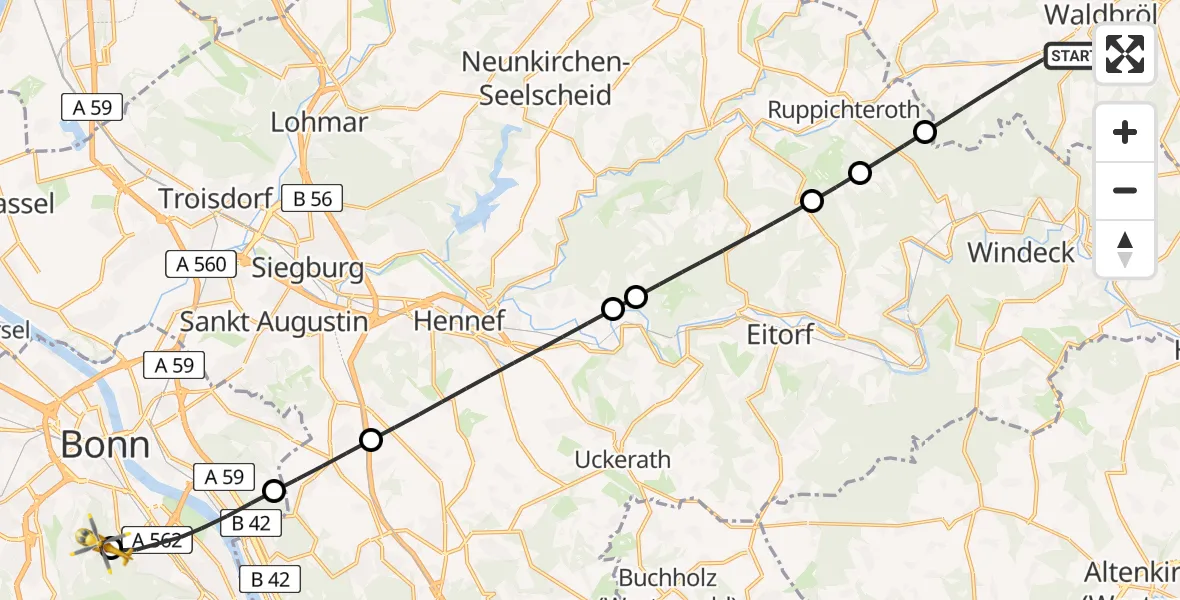 Flugroute Rettungshubschrauber Waldbröl - Bonn University Hospital, 10 August 2026, 16:52