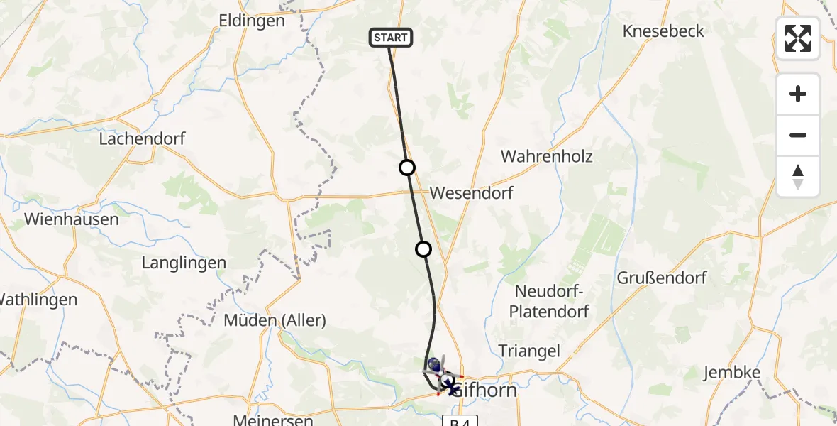 Flugroute Polizeihubschrauber Groß Oesingen - Gifhorn Bundespolizei Hubschrauberlandeplatz, 10 August 2026, 16:53