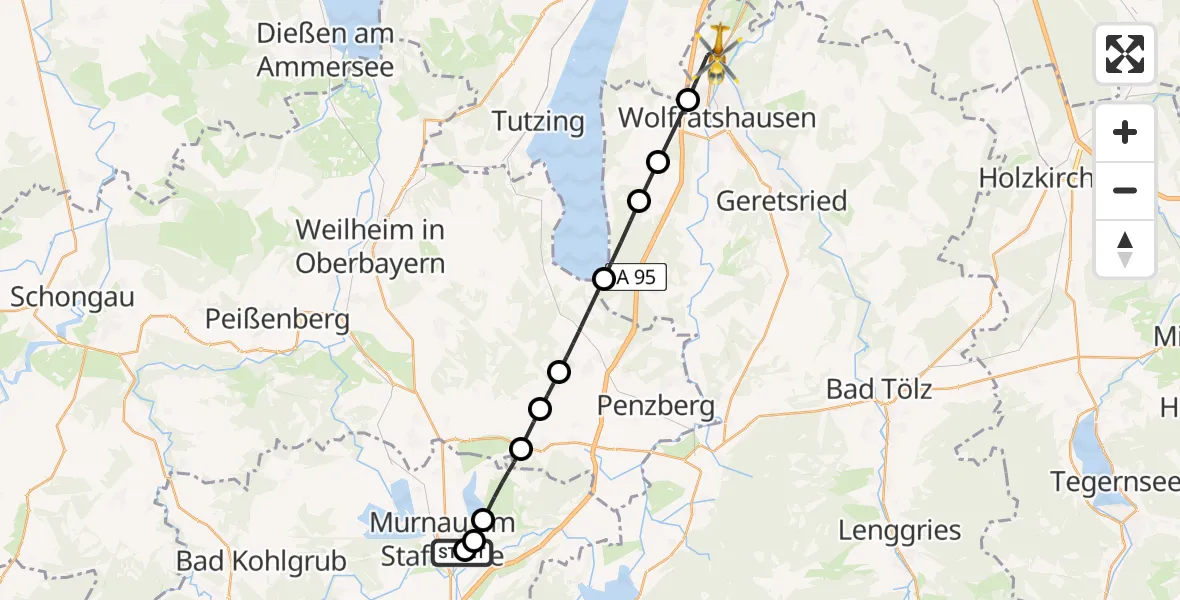 Flugroute Rettungshubschrauber Murnau Accident Hospital - Icking, 10 August 2026, 16:54