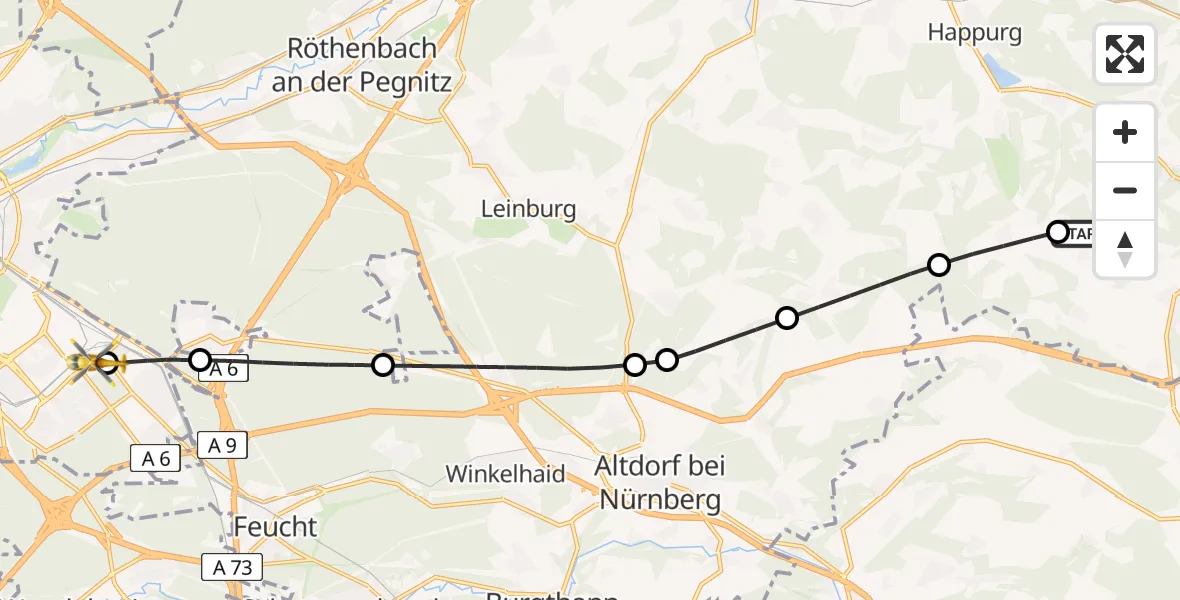 Flugroute Ambulanzhubschrauber Alfeld - Nürnberg South Hospital Hubschrauberlandeplatz, 10 August 2026, 16:55