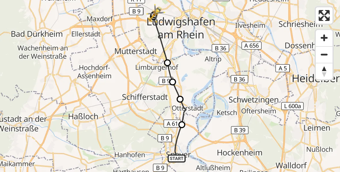 Flugroute Rettungshubschrauber Speyer - Ludwigshafen Accident Hospital, 10 August 2026, 16:55