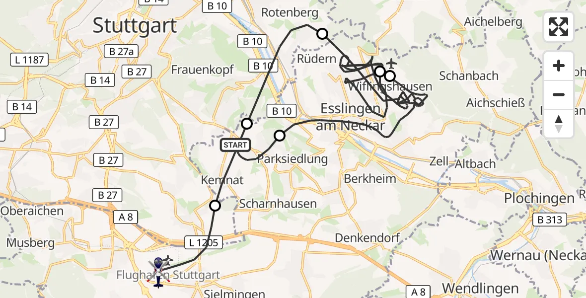 Flugroute Polizeihubschrauber Ostfildern - Flughafen Stuttgart, 10 August 2026, 16:57