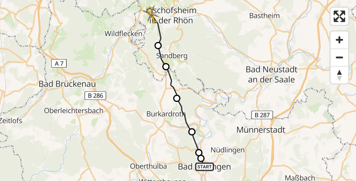 Flugroute Rettungshubschrauber Bad Kissingen - Bischofsheim i.d.Rhön, 10 August 2026, 16:59