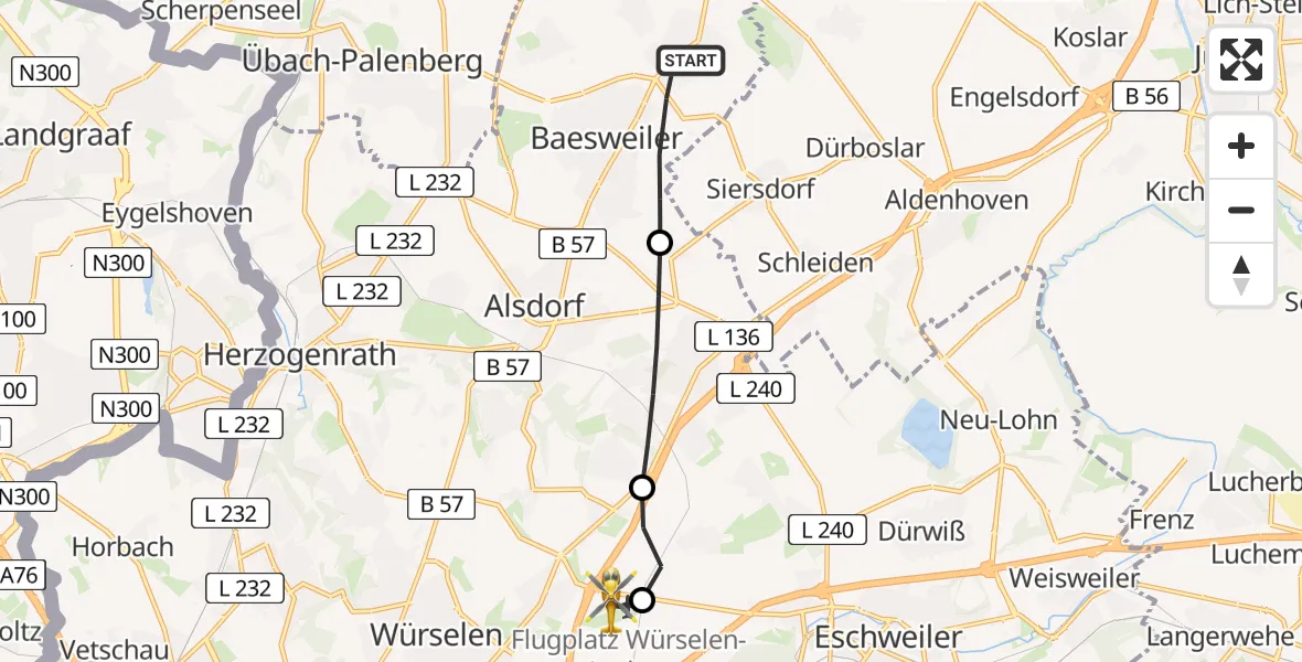 Flugroute Rettungshubschrauber Baesweiler - Aachen-Merzbrück Flughafen, 10 August 2026, 17:02