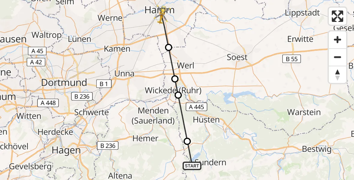Flugroute Rettungshubschrauber Sundern (Sauerland) - Hamm, 10 August 2026, 17:05