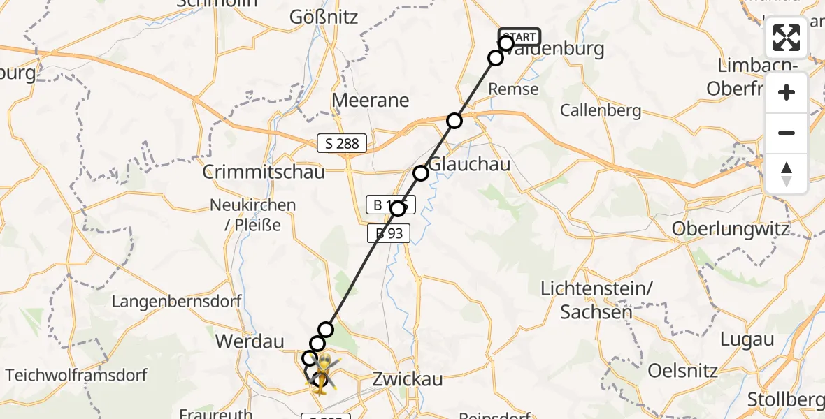 Flugroute Rettungshubschrauber Waldenburg - ADAC Air Rescue Station Zwickau Hubschrauberlandeplatz, 10 August 2026, 17:08