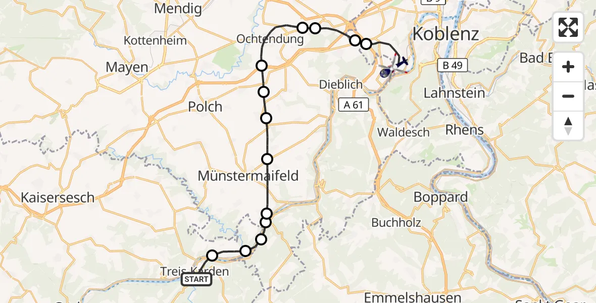 Flugroute Polizeihubschrauber Treis-Karden - Koblenz-Winningen Flugplatz, 10 August 2026, 17:09