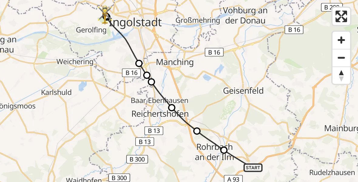 Flugroute Rettungshubschrauber Wolnzach - Ingolstadt Hospital, 10 August 2026, 17:16