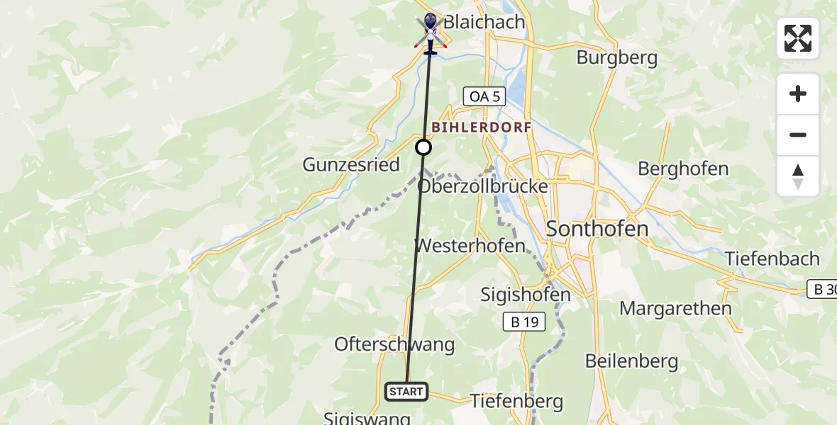 Flugroute Polizeihubschrauber Ofterschwang - Blaichach, 10 August 2026, 17:19