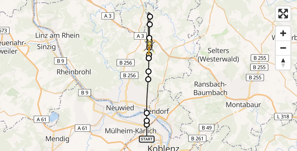 Flugroute Rettungshubschrauber Koblenz - Urbach, 10 August 2026, 17:20