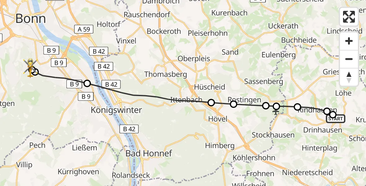 Flugroute Ambulanzhubschrauber DRK Kamillus Hospital Asbach - Bonn University Hospital, 10 August 2026, 17:23