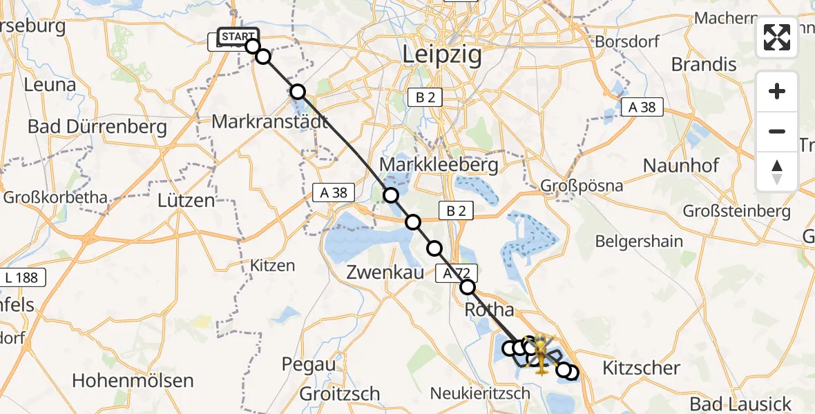 Flugroute Rettungshubschrauber ADAC Air Rescue Station Leipzig/Schkeuditz-Dölzig Hubschrauberlandeplatz (Christoph 61) - Neukieritzsch, 10 August 2026, 17:25