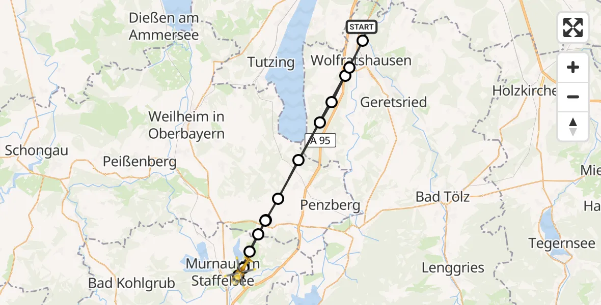 Flugroute Rettungshubschrauber Icking - Riegsee, 10 August 2026, 17:25