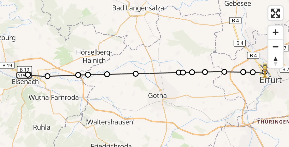 Flugroute Ambulanzhubschrauber Sankt Georg Hospital Eisenach - Helios Clinic Erfurt, 10 August 2026, 17:26